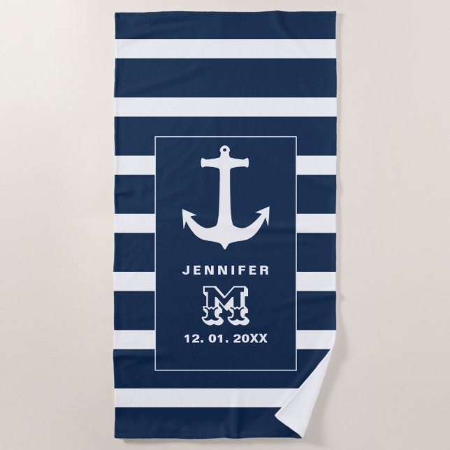 Nautical blue White Anchor Personalized Monogram Beach Towel (Front)