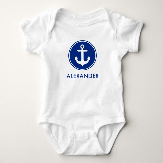 Nautical Blue White Anchor Personize Baby Bodysuit (Front)