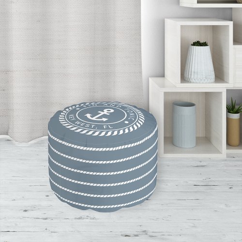 Nautical Blue  White Anchor Stripe Boat Name Pouf