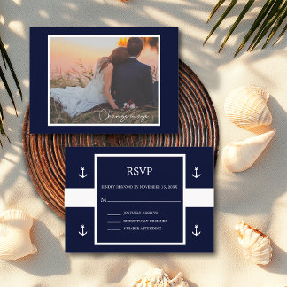Nautical Blue White Anchor Wedding Photo RSVP Enclosure Card