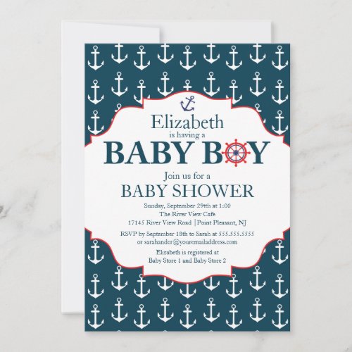 Nautical Blue &amp; White Anchors Boys Baby Shower Personalized Invites