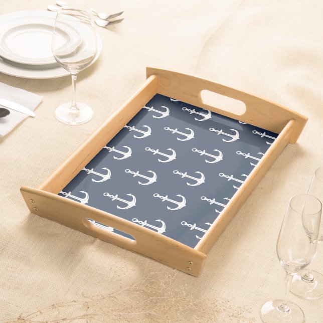 Nautical Blue White Anchors Serving Tray (Front)