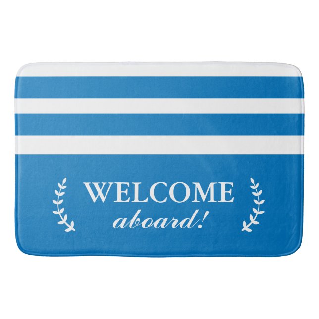 Nautical Blue & White Bath Mat Welcome Aboard (Front)
