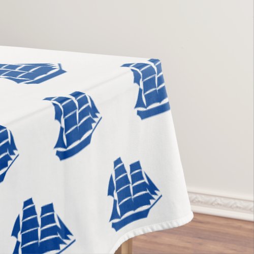 Nautical blue white boats pattern modern coastal tablecloth