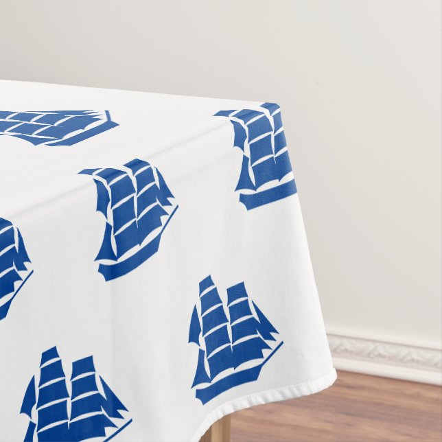 Nautical blue white boats pattern modern coastal tablecloth (In Situ)