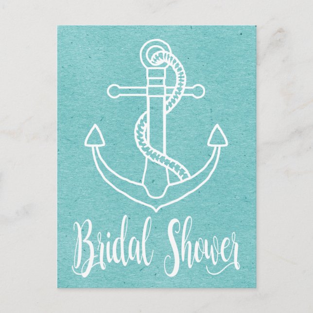 Nautical Blue White Bridal Shower Ship Anchor Invitation Postcard (Front)