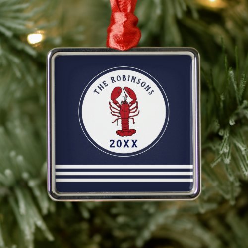 Nautical Blue White  Custom Name Date Metal Ornament