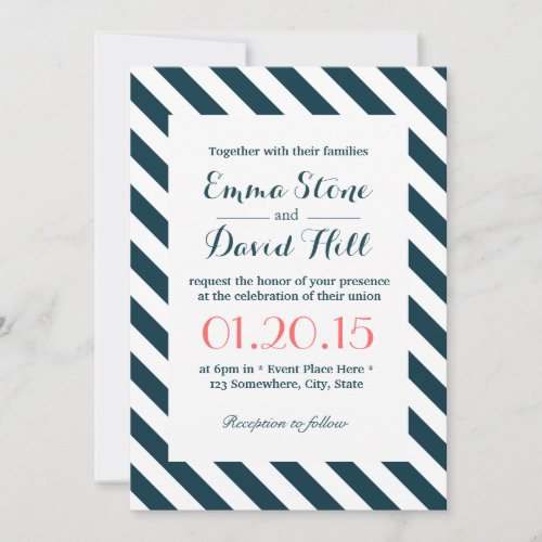 Nautical Blue  White Diagonal Stripes Wedding Invitation