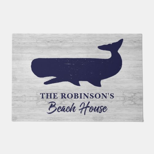 Nautical Blue White Family Name Rustic Whale Doormat