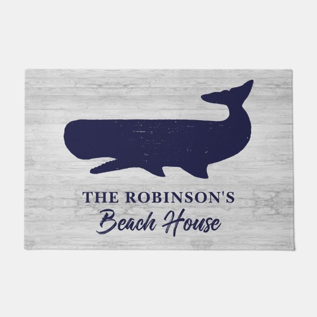 Nautical Blue White Family Name Rustic Whale Doormat (Front)