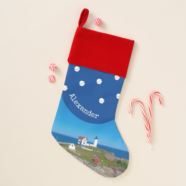 Nautical Blue White Name Maine Nubble Lighthouse Christmas Stocking (Front)