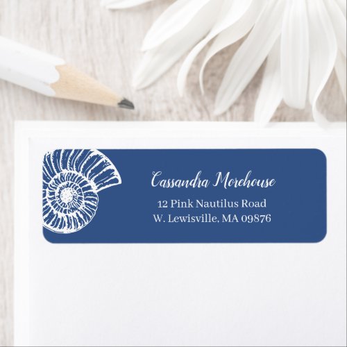 Nautical Blue White Nautilus Shell Wedding Label