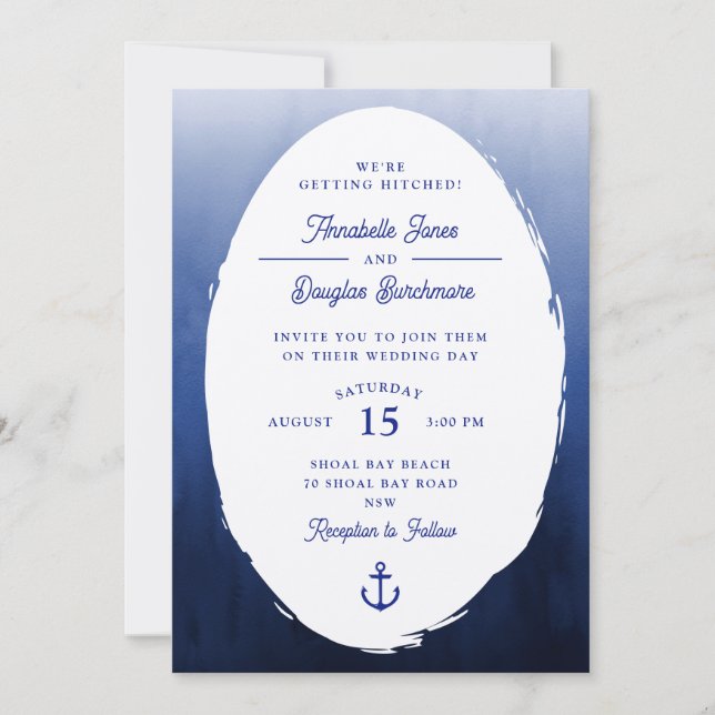 Nautical Blue White Oval Watercolor Wedding Invitation (Front)