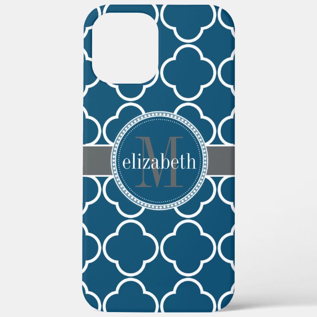 Nautical Blue | White Quatrefoil Clover Monogram Case-Mate iPhone Case (Back)