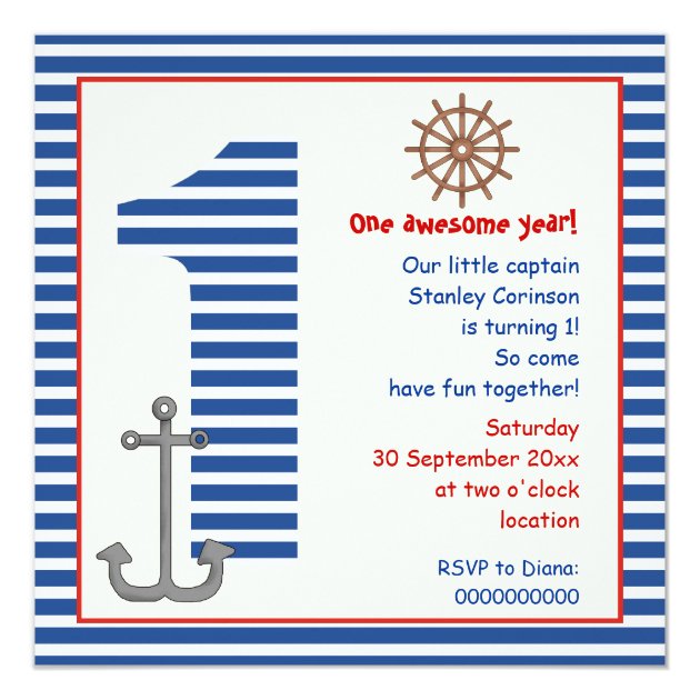 Nautical Blue, White Sailboat 1st Birthday Party Invitation