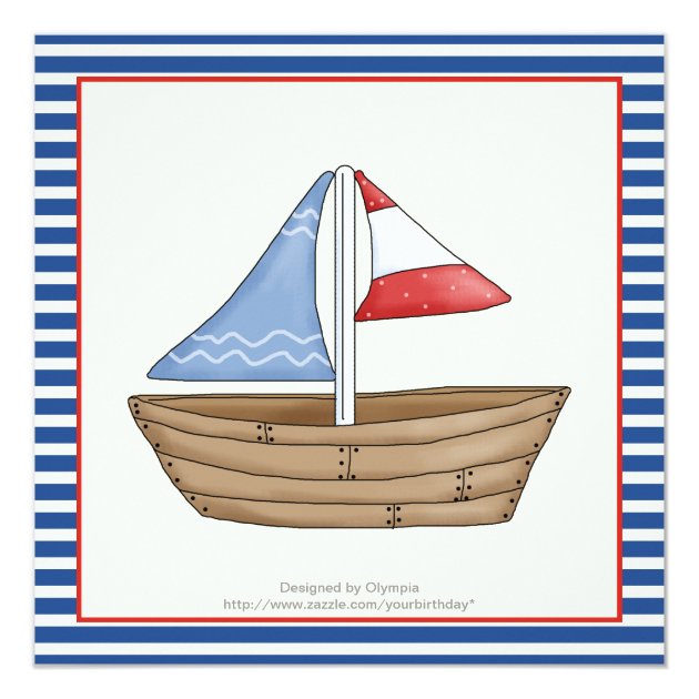 Nautical Blue, White Sailboat 1st Birthday Party Invitation