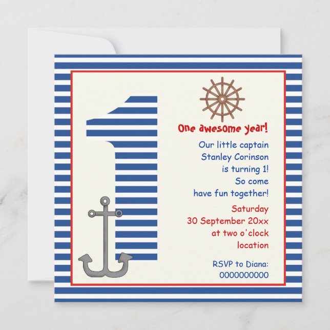 Nautical blue, white sailboat 1st birthday party invitation (Front)