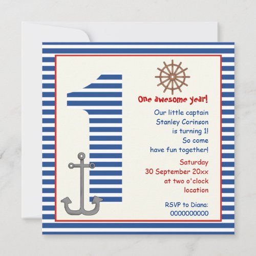 Nautical blue, white sailboat 1st birthday party custom announcements