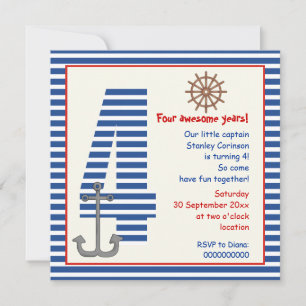Nautical blue, white sailboat 4th birthday party invitation