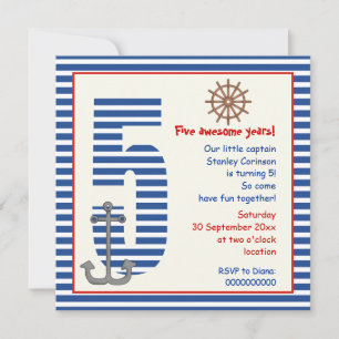 Nautical blue, white sailboat 5th birthday party invitation