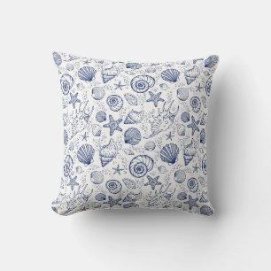 Nautical Blue White Seashell Starfish Throw Pillow