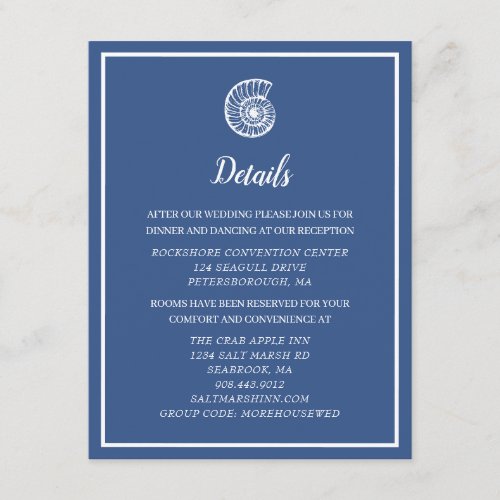 Nautical Blue White Shell Wedding Details Enclosure Card