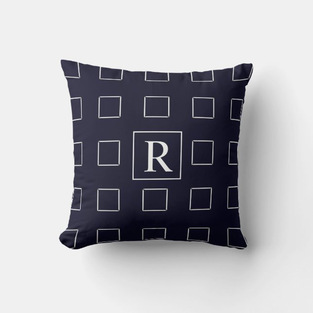 Nautical Blue White Square Patterns Monograms Cute Throw Pillow (Front)