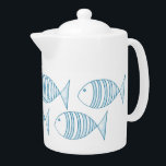 Nautical Blue White Stripe Fish  Teapot<br><div class="desc">Modern nautical fish design blue stripe on white background. For fish lovers and beach theme décor.</div>