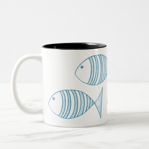 Nautical Blue White Stripe Fish Two_Tone Coffee Mug