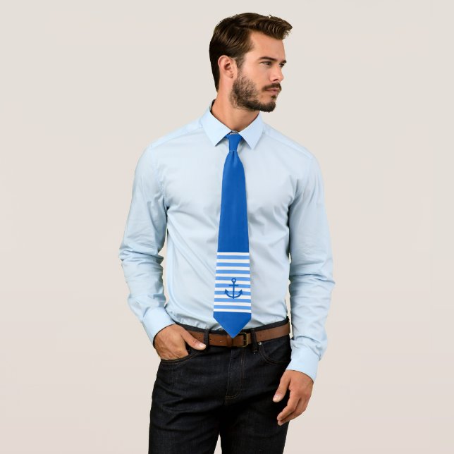 Nautical Blue & White Stripe Pattern with Anchor Neck Tie (In Situ)