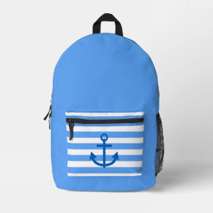 Nautical Blue & White Stripe Pattern with Anchor Printed Backpack