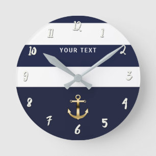 Nautical Blue & White Stripes Gold Anchor Round Clock