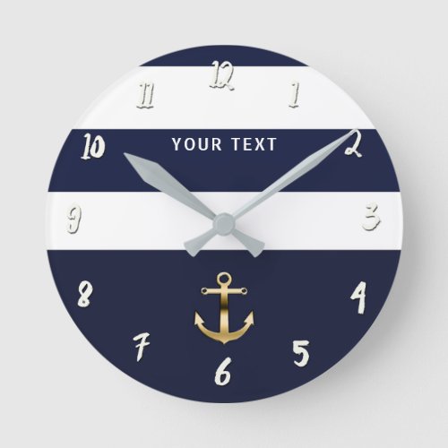 Nautical Blue  White Stripes Gold Anchor Round Clock