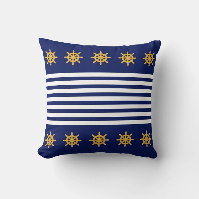 Nautical Blue & White Stripes on Navy Blue Throw Pillow (Front)
