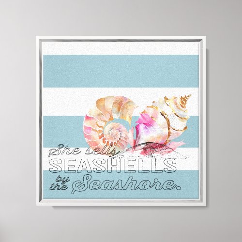 Nautical Blue White Stripes Pink Gold Shells Canvas Print