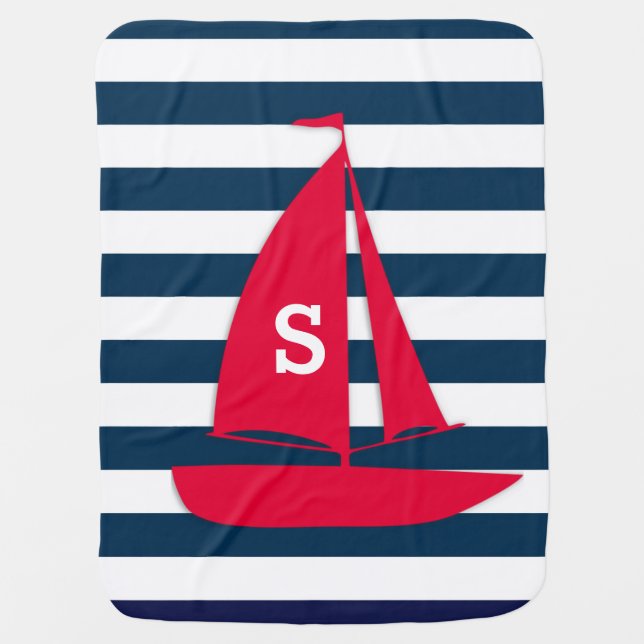 Nautical Blue White Stripes Red Boat Monogram Baby Blanket (Front)