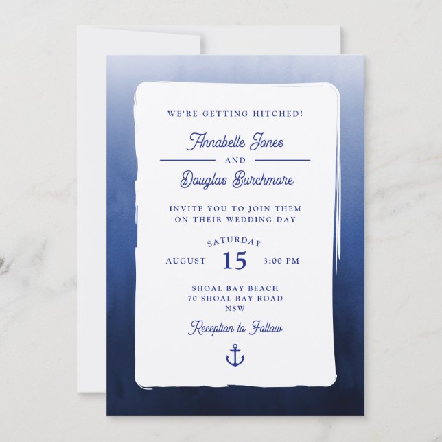 Nautical Blue White Watercolor Gradient Wedding Invitation (Front)