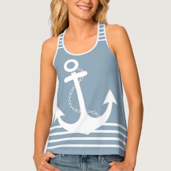 Nautical Blue With White Stripes And Anchor Design Tank Top by EveStock at Zazzle