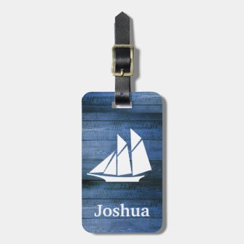 Nautical Blue Wood & White Sailboat Custom Name Luggage Tag by GrudaHomeDecor at Zazzle