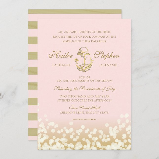 Nautical Blush and Gold Sparkle Wedding Invitation (Front/Back)