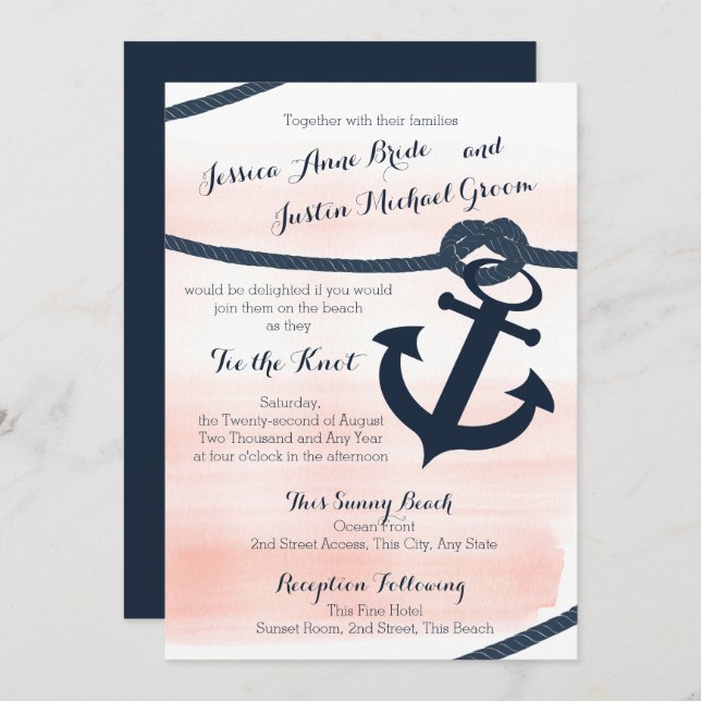 Nautical Blush and Navy Rope and Anchor Wedding Invitation (Front/Back)