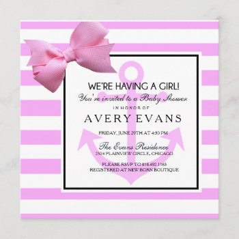 Nautical Blush Pink Anchor It's A Girl Baby Shower Invitation by GreenLeafDesigns at Zazzle