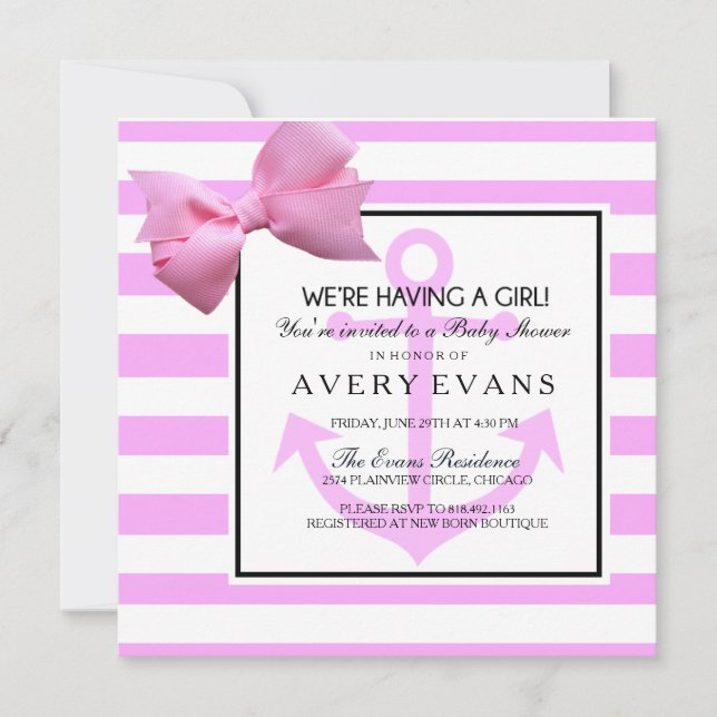 Nautical Blush Pink Anchor It's a Girl Baby Shower Invitation (Front)