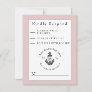 Nautical Blush Pink Floral Anchor Wedding RSVP Card