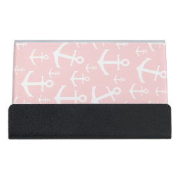 Nautical blush pink &amp; white anchor pattern desk business card holder