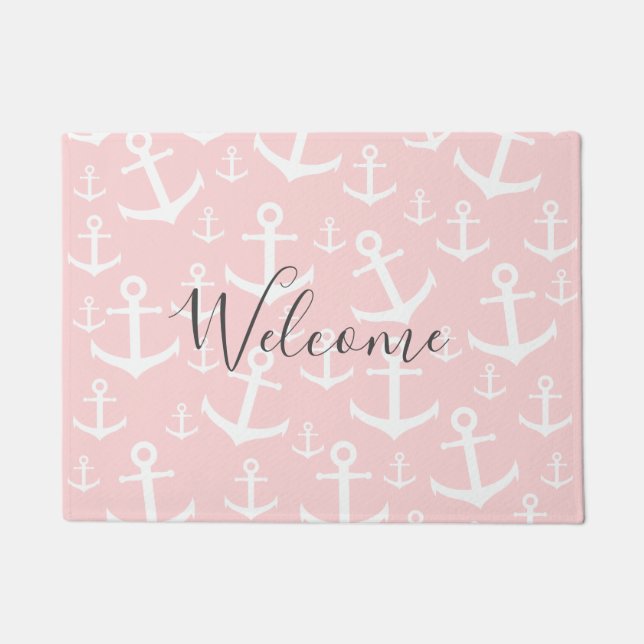 Nautical blush pink & white anchor pattern doormat (Front)