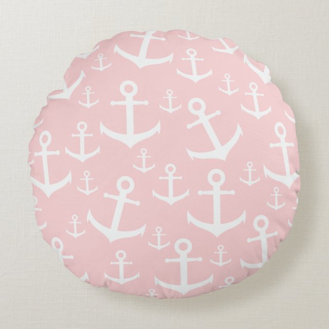 Nautical blush pink & white anchor pattern round pillow (Front)