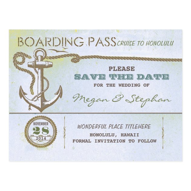 Nautical Boarding Pass Save The Date Ticket Postcard