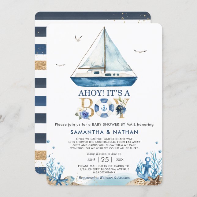 Nautical Boat Ahoy It's a Boy Baby Shower by Mail Invitation (Front/Back)