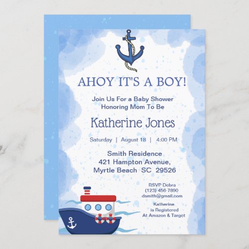 Nautical Boat Ahoy Its a Boy Baby Shower   Invitation
